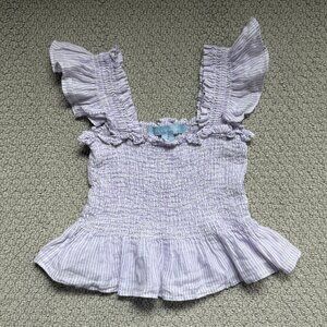 Hill House The Paz Nap Linen Ruffle Purple Striped Smocked Peplum Top